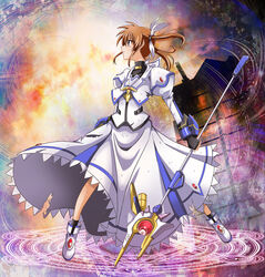  boots brown_hair commentary_request female fingerless_gloves full_body gloves hair_ribbon lyrical_nanoha magic_circle mahou_shoujo_lyrical_nanoha mahou_shoujo_lyrical_nanoha_the_movie_1st photoshop_(medium) purple_eyes raising_heart raising_heart_(cannon_mode) ribbon solo staff takamachi_nanoha takamachi_nanoha_(movie_1st_mode) torn_clothes twintails weapon yotsuha_(little_squash) 