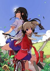  2girls bad_id bad_pixiv_id bicycle black_eyes black_hair blue_eyes copyright_request day flower multiple_girls multiple_riders pillion ribbon riding sakura_sora sidesaddle sky white_hair 