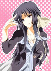  black_hair blush breasts cleavage commentary_request female hair_ribbon jewelry kurugaya_yuiko little_busters! long_hair medium_breasts necklace purple_eyes ribbon solo souyoku 