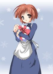  apron artist_request black_eyes bokujou_monogatari brown_hair chocolate dress elli_(bokujou_monogatari) female gift open_mouth short_hair snowflakes solo source_request 