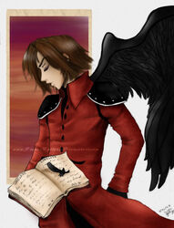  1boy book brown_hair closed_eyes commentary_request crisis_core_final_fantasy_vii feathers final_fantasy final_fantasy_vii genesis_rhapsodos male_focus photoshop_(medium) shoulder_pads signature single_wing solo wings 