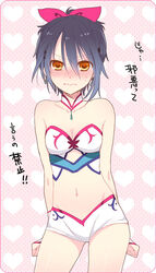  asymmetrical_hair bare_shoulders blue_hair blush breasts bustier choker cleavage cosplay earrings embarrassed female hair_ribbon jewelry lingerie marin_(umi_monogatari) marin_(umi_monogatari)_(cosplay) midriff miyamori_kanon orange_eyes ribbon rounded_corners short_hair small_breasts solo translated umi_monogatari underwear wemu_(ivycrown) 