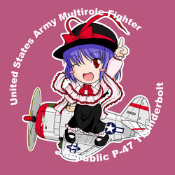  aircraft airplane arm_up blue_hair blush chibi commentary_request female hat index_finger_raised john_travolta military nagae_iku nose_art outstretched_arm p-47_thunderbolt purple_hair red_eyes ribbon sakurato_tsuguhi saturday_night_fever short_hair solo touhou world_war_ii 