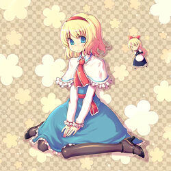  alice_margatroid blonde_hair blue_eyes capelet commentary_request doll female hairband high_heels kimarin long_hair looking_at_viewer pantyhose shanghai_doll shoes short_hair shy sitting solo touhou wariza white_capelet |_| 