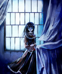  black_hair blue_eyes commentary_request curtain_grab curtains cuts dress fatal_frame fatal_frame_4 female haibara_ayako injury kakir long_hair scissors solo window 