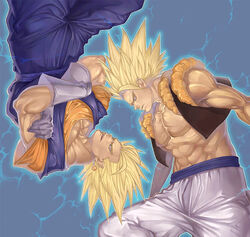  2boys abs aura blonde_hair commentary_request dragon_ball dragon_ball_z dual_persona earrings electricity gloves gogeta green_eyes jewelry katsutake male_focus metamoran_vest multiple_boys muscular potara_earrings rotational_symmetry spiked_hair super_saiyan super_saiyan_1 time_paradox vegetto white_gloves 