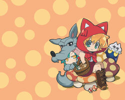  2girls akatsuki_gomoku animal_costume animal_ears animal_hood blonde_hair boots bow cat_ears cat_hood costume food green_eyes hood mascot mega-chan megahouse megatrea_shop multiple_girls mushroom official_art photoshop_(medium) short_hair tenchou_(megatrea_shop) yellow_eyes 