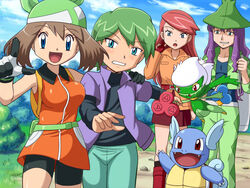  2boys 2girls :d :o alternate_costume arm_around_neck backpack bag bandana bare_shoulders belt belt_pouch bike_shorts blue_eyes boots bouncing_breasts breasts bush clenched_teeth cloud coat day dragging dress drew_(pokemon) embarrassed gloves grass green_hair grey_hair grin hand_on_another&#039;s_shoulder harley_(pokemon) hat holding_hands knee_boots long_hair long_sleeves looking_at_viewer loose_belt may_(pokemon) medium_breasts multiple_boys multiple_girls nature open_clothes open_mouth open_shirt outdoors pants path pencil_skirt pointing pokemoa pokemon pokemon_(anime) pokemon_(creature) pokemon_dppt_(anime) pokemon_rse_(anime) pouch purple_hair red_hair road roserade shirt short_dress short_hair short_sleeves skirt sky sleeveless smile solidad_(pokemon) surprised swept_bangs teeth unaligned_breasts walking wartortle wing_collar 