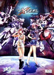  2girls absurdres ad bad_id bad_link bmp-to-jpg_conversion boots exteel headset highres legs lossless-lossy mecha medal military military_uniform miniskirt multiple_girls paint.net_(medium) piper_(exteel) planet robot sarah_(exteel) short_hair sidewinder skirt sleeveless space star_(symbol) uniform vindicator weapon zipper 