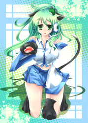  animal_ears animal_hands bad_id bad_pixiv_id breasts cat_ears cat_paws cat_tail detached_sleeves female green_eyes green_hair kemonomimi_mode kneeling kochiya_sanae large_breasts long_hair solo tail tomcho touhou 