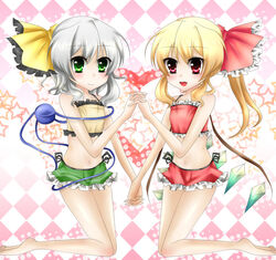  2girls bad_id bad_pixiv_id bare_shoulders barefoot blonde_hair bow flandre_scarlet green_eyes grey_hair hairbow holding_hands interlocked_fingers kneeling komeiji_koishi midriff multiple_girls navel ponytail red_eyes short_hair tomcho touhou wings 