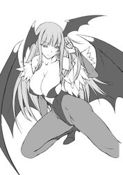  adjusting_hair amei_sumeru bad_id bad_pixiv_id bat_wings boots breasts bursting_breasts cleavage commentary_request demon_girl elbow_gloves female fingerless_gloves gloves greyscale head_wings huge_breasts leotard long_hair monochrome morrigan_aensland pantyhose photoshop_(medium) solo vampire_(game) very_long_hair wide_hips wings 