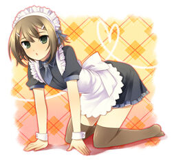  1boy all_fours apron bad_id bad_pixiv_id baka_to_test_to_shoukanjuu brown_hair crossdressing dress green_eyes hair_ornament hairclip kinoshita_hideyoshi maid maid_headdress male_focus male_maid meimone necktie otoko_no_ko solo thighhighs wrist_cuffs zettai_ryouiki 