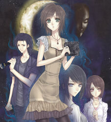  1boy 3girls asou_misaki bellows_camera black_hair blue_eyes brown_eyes brown_hair camera dress everyone fatal_frame fatal_frame_4 green_eyes kirishima_choushiro lantern mask minazuki_ruka moon multiple_girls short_hair tsukimori_madoka yusa_tk74 