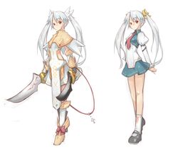  bad_id bad_pixiv_id dual_wielding female hair_ribbon holding kazami_ryouya legs long_hair original red_eyes ribbon skirt sword twintails weapon white_hair 