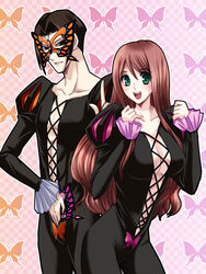  1boy bad_id bad_pixiv_id black_hair blush brown_hair busou_renkin butterfly_mask center_opening collarbone contemporary fabulous female long_hair long_sleeves looking_at_viewer mask mutou_mahiro papillon standing tareme very_long_hair ywaka 