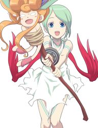  2girls aka_(s3637) blue_eyes breath_of_fire breath_of_fire_v commentary_request dress facial_mark fairy fairy_(breath_of_fire) forehead_mark green_hair multiple_girls nina_(breath_of_fire_v) red_wings short_hair smile staff torn_clothes wings 