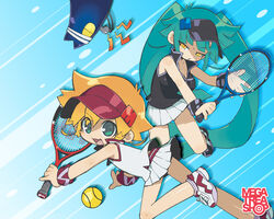  2girls akatsuki_gomoku ball blonde_hair green_eyes green_hair house-san logo long_hair mascot mega-chan megahouse megatrea_shop multiple_girls official_art open_mouth photoshop_(medium) pleated_skirt racket shoes short_hair skirt sneakers sportswear tenchou_(megatrea_shop) tennis tennis_racket tennis_uniform twintails visor_cap wristband 