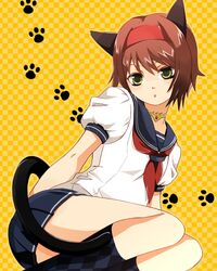  7melon alternate_costume animal_ears argyle_clothes argyle_legwear bad_id bad_pixiv_id blue_socks brown_hair checkered_background choker female green_eyes kneehighs official_alternate_costume paw_print rita_mordio rita_mordio_(exchange_student) school_uniform short_hair sitting socks solo tail tales_of_(series) tales_of_vesperia yellow_background 