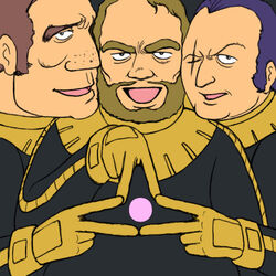  3boys beard black_tri-stars commentary_request dom_(mobile_suit) facial_hair gaia_(gundam) gundam male_focus mash_(gundam) mobile_suit_gundam multiple_boys ortega_(gundam) photoshop_(medium) purikura sanpei3 scar star_hands v 