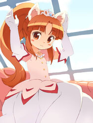  animal_ears arms_up blush brown_eyes brown_hair commentary_request elbow_gloves female fushigiboshi_no_futago_hime gloves high_ponytail leonne_(futagohime) long_hair om_(nk2007) photoshop_(medium) ponytail puffy_short_sleeves puffy_sleeves short_sleeves smile solo white_gloves 