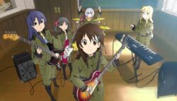  5girls amplifier bass_guitar cagayake!_girls_pose commentary_request electric_guitar fender_jazz_bass fender_musical_instruments_corporation fender_mustang filicia_heideman gibson_brands_inc gibson_les_paul guitar hachimitsu_(toon) instrument k-on! kannagi_noel kazumiya_rio korg korg_triton left-handed military military_uniform multiple_girls parody sora_no_woto sorami_kanata suminoya_kureha uniform 