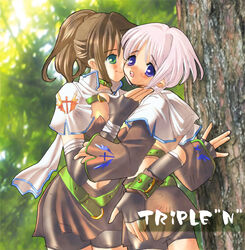  2girls blush brown_hair cross forest green_eyes hunter_(ragnarok_online) multiple_girls nanakichi nature ponytail purple_eyes ragnarok_online short_hair yuri 