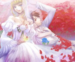  1boy beatrice_(umineko) blonde_hair blue_eyes bridal_veil bride bug butterfly commentary_request couple dress female flower formal good_end jewelry ornate_ring petals red_eyes red_hair ring spoilers straight strib_und_werde suit umineko_no_naku_koro_ni ushiromiya_battler veil wedding wedding_dress wedding_ring 