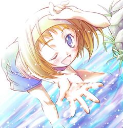  asatte_no_houkou bent_over female hairband iokawa_karada kusui_aruta one_eye_closed open_mouth outstretched_hand photoshop_(medium) reaching smile solo wading water 