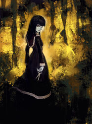  black_hair commentary_request dress fatal_frame fatal_frame_4 female ghost haibara_ayako lack long_hair looking_back scissors solo spirit yellow_eyes 