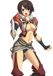  arthur_(tears_to_tiara) blush breasts brown_hair cleavage commentary_request darkmaya female genderswap_(mtf) medium_breasts midriff navel open_mouth photoshop_(medium) purple_eyes rule_63 short_hair solo sword tears_to_tiara weapon 