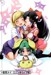  3girls :d black_hair black_thighhighs blonde_hair blue_eyes blush bow breasts cheek-to-cheek cleavage closed_eyes dengeki_daioh elbow_gloves fingerless_gloves fishnets gloves green_hair haga_yui hairband hairbow heads_together highres japanese_clothes kimono long_hair medium_breasts miyabi_(ninin_ga_shinobuden) multiple_girls ninin_ga_shinobuden o3o one_eye_closed onsokumaru open_mouth ponytail school_uniform shinobu_(ninin_ga_shinobuden) shiranui_kaede short_hair short_kimono signature skirt smile sweat thighhighs yuri zettai_ryouiki 