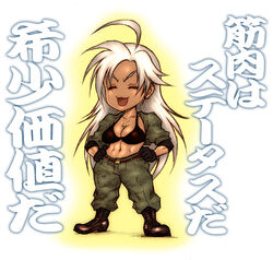  :3 a_flat_chest_is_a_status_symbol abs ahoge boots breasts chibi cleavage combat_boots commentary_request dairoku_tenma dark-skinned_female dark_skin female lucky_star medium_breasts midriff military muscular muscular_female navel parody photoshop_(medium) solo standing translated vanessa_lewis virtua_fighter white_hair 