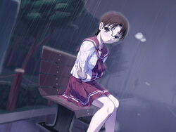  bench braid brown_hair female glasses hoshina_tomoko long_hair photoshop_(medium) rain school_uniform see-through single_braid sitting solo to_heart to_heart_(series) wet wet_clothes yousisi 