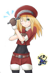  akagi_kiyo bad_id bad_pixiv_id belt blonde_hair cabbie_hat cropped_jacket female gloves green_eyes hat jacket mega_man_(series) mega_man_legends_(series) one_eye_closed red_jacket red_shorts roll_caskett_(mega_man) servbot_(mega_man) shorts spandex wrench 