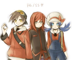  2boys alternate_costume backwards_hat bad_id bad_pixiv_id bag baseball_cap black_hair blue_eyes blue_hair blush bow cabbie_hat cosplay ethan_(pokemon) female ginkun goggles grey_eyes hat holding holding_poke_ball hood hoodie jacket kris_(pokemon) multiple_boys overalls photoshop_(medium) poke_ball pokemon pokemon_adventures pokemon_gsc pokemon_hgss red_hair short_hair silver_(pokemon) simple_background smile smirk twintails yellow_eyes 