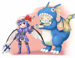  2girls bat_wings blue_hair braid commentary_request dragoon dragoon_(final_fantasy) dragoon_wyvern_(ff11) final_fantasy final_fantasy_xi food grey_hair hat izayoi_sakuya multiple_girls nice_(artist) polearm pudding red_eyes remilia_scarlet short_hair spear the_iron_of_yin_and_yang touhou twin_braids weapon wings 