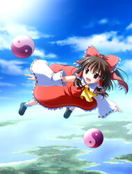  bad_id bad_pixiv_id bow brown_hair day detached_sleeves female flying hairbow hakurei_reimu highres long_hair photoshop_(medium) red_bow red_eyes sky solo touhou tsuda_akira yin_yang 