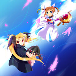  2girls bad_id bad_pixiv_id bardiche_(device_form)_(nanoha) bardiche_(nanoha) blonde_hair blue_eyes blush brown_hair fate_testarossa fate_testarossa_(original_form) feathers lyrical_nanoha mahou_shoujo_lyrical_nanoha multiple_girls photoshop_(medium) raising_heart raising_heart_(device_mode) red_eyes sys.ao takamachi_nanoha takamachi_nanoha_(original_mode) thighhighs twintails 