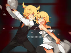  1boy ;d adolescence_(vocaloid) bad_id bad_pixiv_id bare_shoulders blonde_hair blue_eyes brother_and_sister camisole collarbone commentary dress feathers female flat_chest formal frilled_camisole frills glider_(artist) grin hair_ornament hairclip kagamine_len kagamine_rin laughing messy_hair motion_blur necktie one_eye_closed open_mouth photoshop_(medium) pillow pillow_fight pillow_grab playing short_dress short_hair short_ponytail siblings smile song_name spaghetti_strap star-shaped_pupils star_(symbol) strap_slip suit symbol-shaped_pupils twins vocaloid white_camisole window x_hair_ornament 