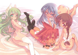  4girls ass barefoot blade_(galaxist) blue_eyes blue_hair braid brown_eyes brown_hair falce feet garter_belt glasses green_eyes green_hair hasegawa_suzuho horns lingerie long_hair lying magician&#039;s_academy multiple_girls official_art on_stomach panties photoshop_(medium) pointy_ears red_eyes red_hair scan striped_clothes striped_panties tanarot the_pose thighhighs underwear 