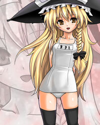  bad_id bad_pixiv_id blonde_hair braid erugiza female hat kirisame_marisa long_hair one-piece_swimsuit photoshop_(medium) school_swimsuit solo swimsuit thighhighs touhou white_one-piece_swimsuit witch_hat yellow_eyes zoom_layer 