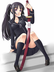  arm_support black_hair black_socks blunt_bangs commentary_request female ga-rei ga-rei_zero highres isayama_yomi katana legs long_hair panties ponytail purple_eyes school_uniform sitting socks solo sword underwear upskirt weapon yaso_shigeru 