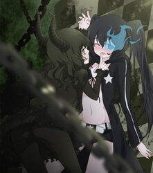  2girls ass bikini bikini_top_only black_dress black_hair black_leggings black_rock_shooter black_rock_shooter_(character) black_shorts blue_eyes blush commentary_request dead_master dress flaming_eye green_eyes holding_hands horns leggings long_hair midriff multiple_girls navel no_shirt photoshop_(medium) scar shorts star_(symbol) swimsuit twintails wince yuri zhao_shuwen 