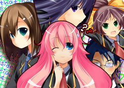  2boys 3girls ? baka_to_test_to_shoukanjuu blue_eyes brown_hair commentary_request glasses green_eyes hair_ornament hair_ribbon himeji_mizuki kinoshita_hideyoshi kirishima_shouko kubo_toshimitsu masa_(miyabitei) multiple_boys multiple_girls necktie one_eye_closed open_mouth pink_hair purple_eyes ribbon school_uniform shimada_minami smile 