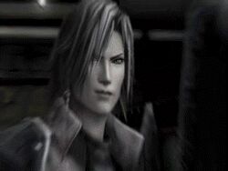  1boy animated animated blurry coat crisis_core_final_fantasy_vii earrings final_fantasy final_fantasy_vii genesis_rhapsodos jewelry lowres shoulder_pads single_wing smile spoilers squatting sword weapon wings 