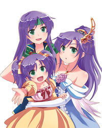  3girls age_comparison aged_down aqua_eyes bare_shoulders costume_chart dress elbow_gloves faris_scherwiz final_fantasy final_fantasy_5 gloves hair_ornament headband multiple_girls multiple_persona open_mouth outstretched_arm outstretched_hand ponytail purple_hair reaching sarisa_highwind_tycoon time_paradox twintails udon_(memai_no_kabe) 