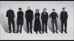  6+boys anime_screenshot aramaki_daisuke batou_(gits) boma_(gits) female ghost_in_the_shell ghost_in_the_shell_stand_alone_complex ishikawa_(gits) kusanagi_motoko lineup multiple_boys paz_(gits) saitou_(gits) togusa_(gits) 