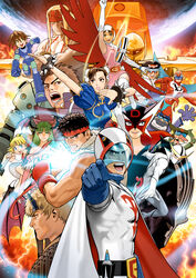  5girls 6+boys absurdres alex_(street_fighter) battle boyakki capcom casshern casshern_(series) chun-li crossover demon_girl doronjo everyone gatchaman gold_lightan hariken_polymar highres ichimonji_batsu jun_the_swan justice_gakuen kaijin_no_souki karas ken_the_eagle lost_planet mega_man_(classic) mega_man_(series) mega_man_legends_(series) mega_man_volnutt mori_toshiaki morrigan_aensland multiple_boys multiple_girls official_art onimusha onimusha:_dawn_of_dreams otoha_(karas) ougon_senshi_gold_lightan pantyhose photoshop_(medium) pointing polymar ptx-40a robot_hunter_casshern roll_(mega_man) ryu_(street_fighter) shiritsu_justice_gakuen street_fighter takada_gan tatsunoko_pro tatsunoko_vs_capcom tekkaman_(character) thumbs_up time_bokan_(series) tonzura uchuu_no_kishi_tekkaman vampire_(game) yatterman 