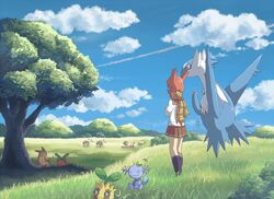  alternate_form blue_sky brother_and_sister cloud commentary_request contrail day female field furret grass hoppip landscape latias latios mareep miltank outdoors personification pokemon pokemon_(creature) red_eyes scarf scenery sen_pic siblings skirt sky standing sunkern tauros tree udder wooper 